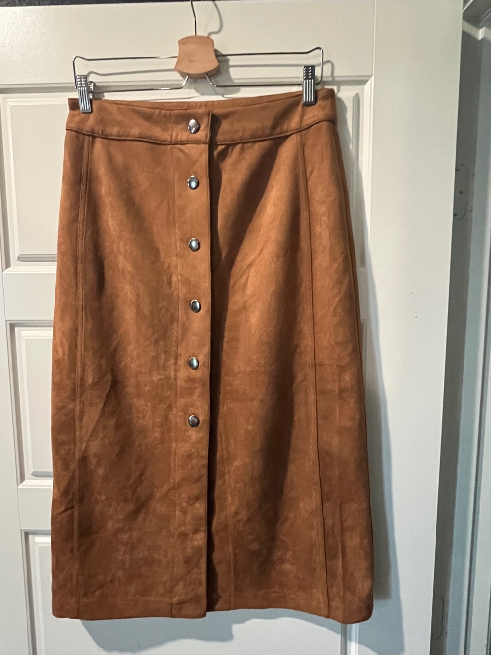 7 For All Mankind Chestnut Brown Button-Front Faux Suede Midi Skirt